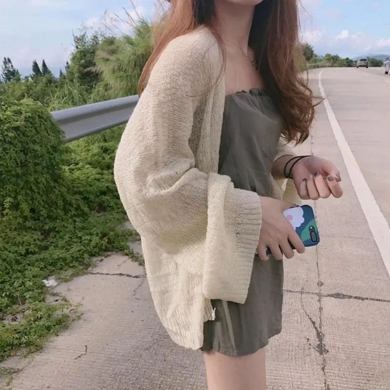 Crop Cardigan Vintage - 봄 가을 여성용 시어 니트 가디건