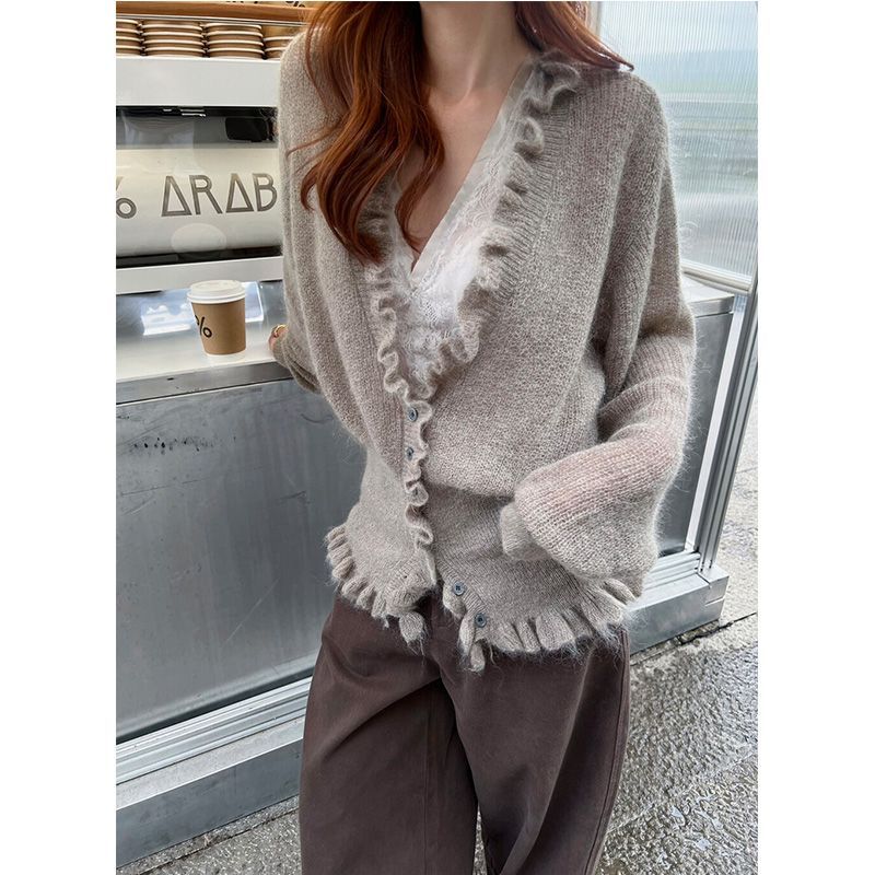 Crop Cardigan Vintage - 한국 스타일 브이넥 러플 달린 달콤한