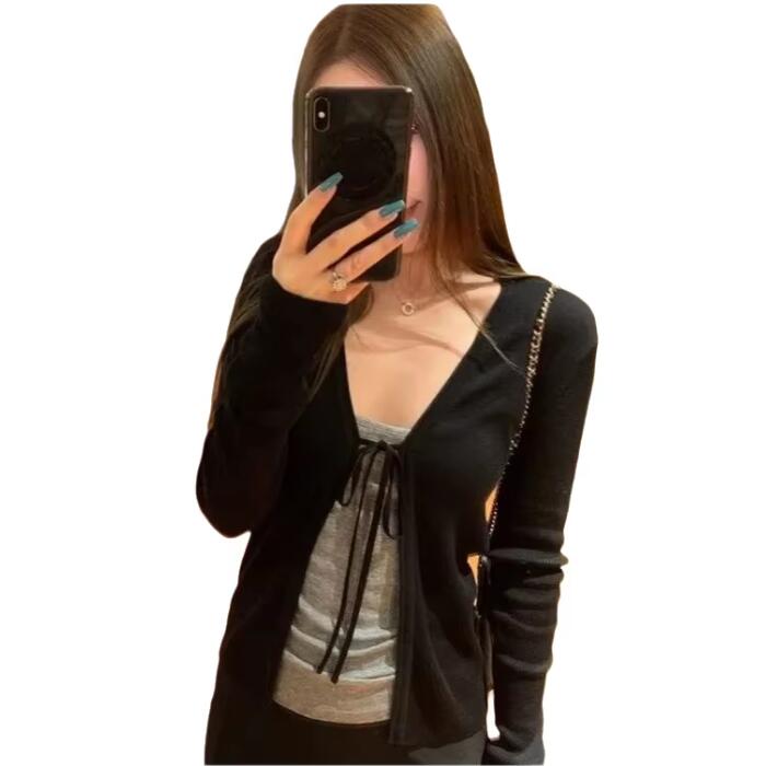 Crop Cardigan Vintage - 여성용 니트 얇은 긴 소매 카디건