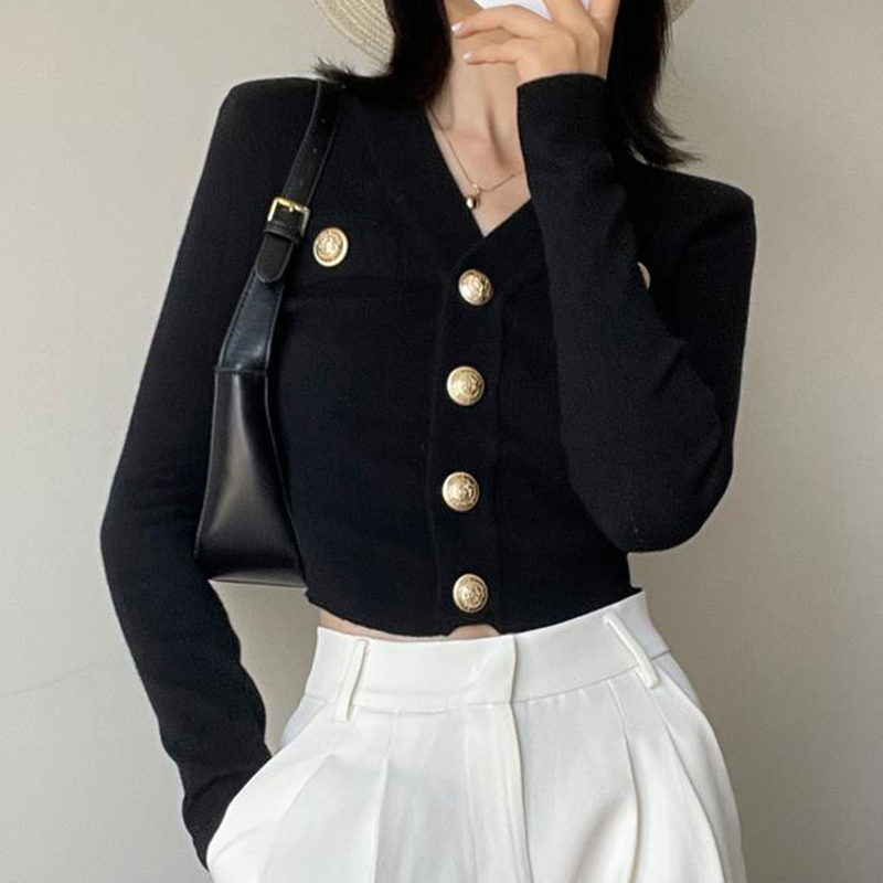 Crop Cardigan Vintage - 골드 버튼 프론트 니트 카디건 여성