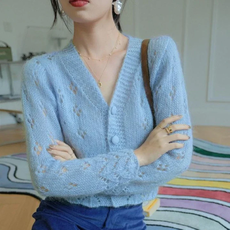 Crop Cardigan Vintage - 여성용 귀여운 짧은 V넥 니트 상의,