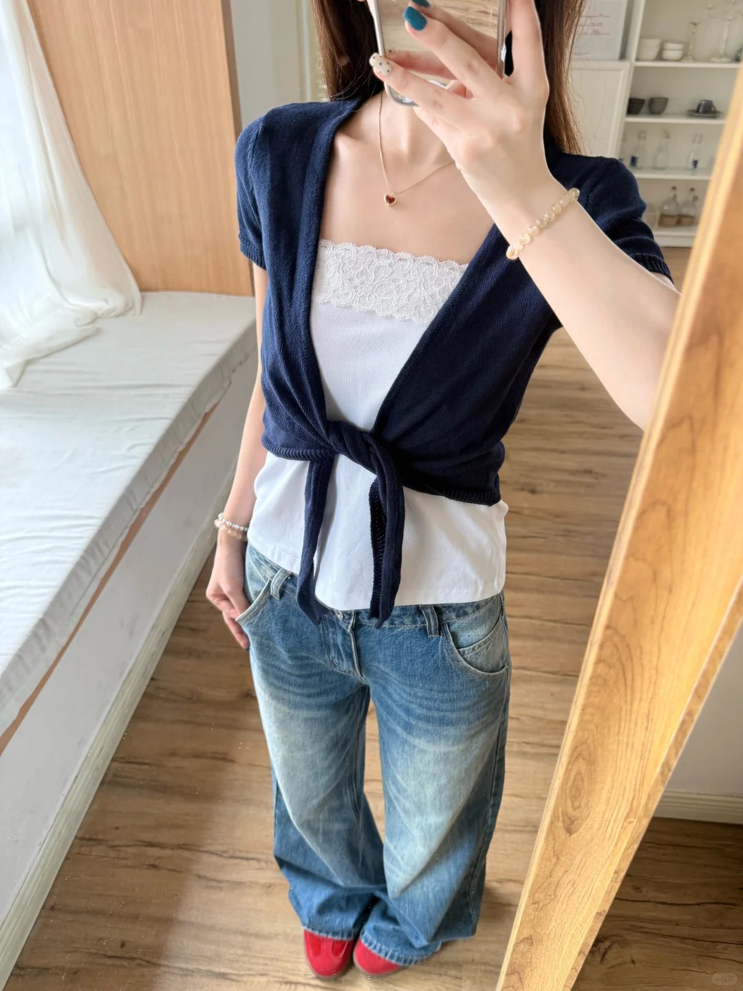 Crop Cardigan Vintage - 네이비 레이스업 가디건 여성 코튼 슬림
