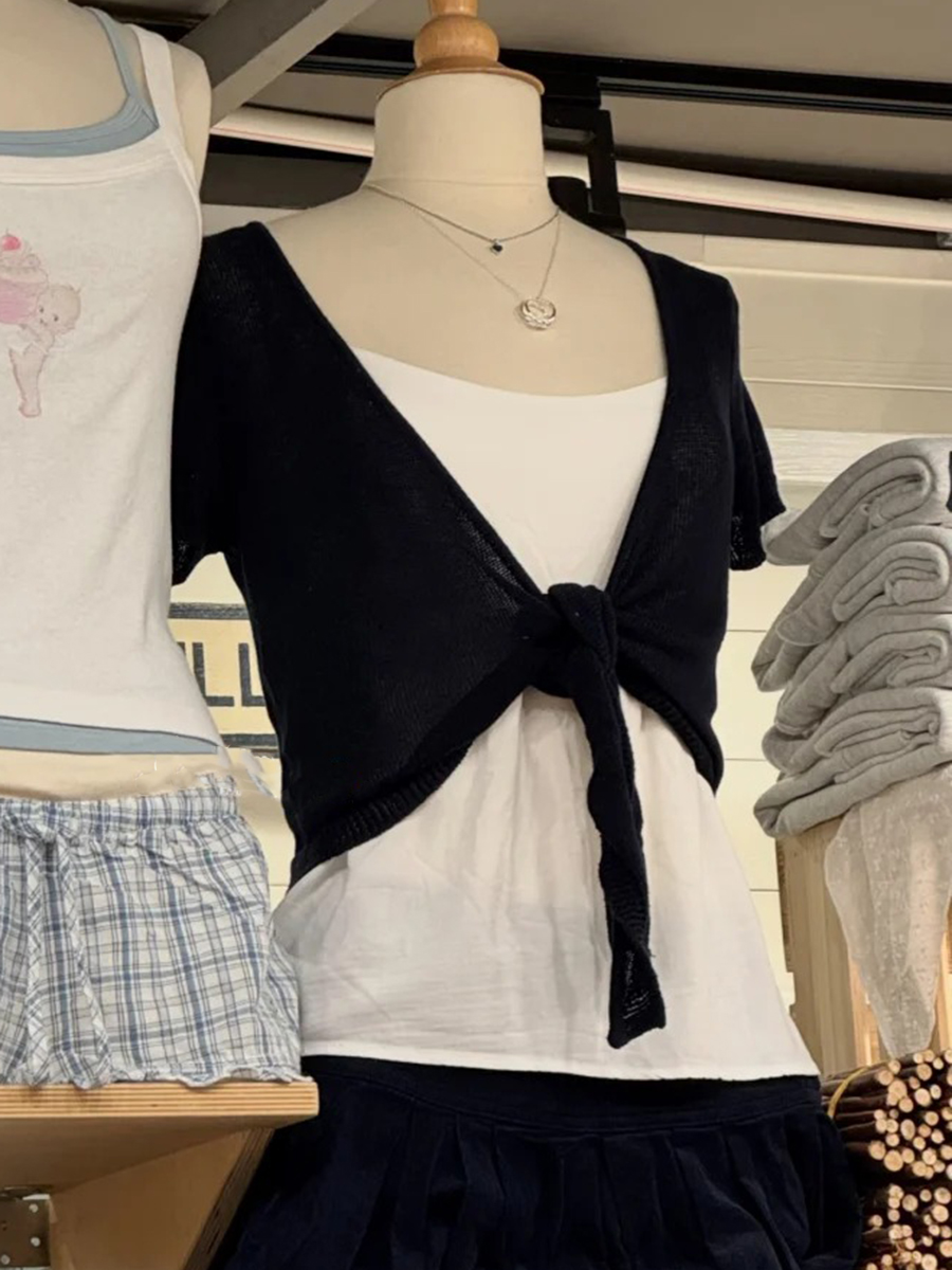 Crop Cardigan Vintage - 블랙 크롭 레이스업 가디건 여성 스트리트웨어