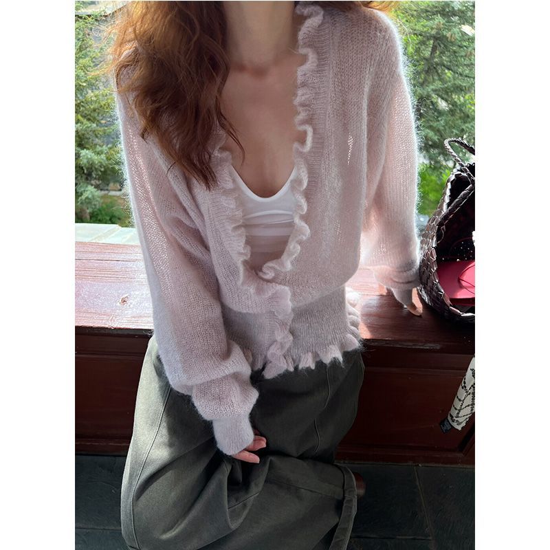한국 스타일 브이넥 러플 달린 달콤한 긴소매 가디건 여 - Crop Cardigan Vintage 리뷰 및 가격