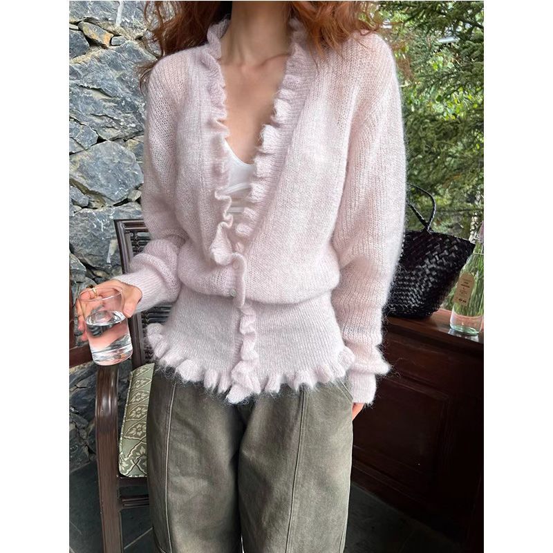 한국 스타일 브이넥 러플 달린 달콤한 긴소매 가디건 여 - Crop Cardigan Vintage 리뷰 및 가격