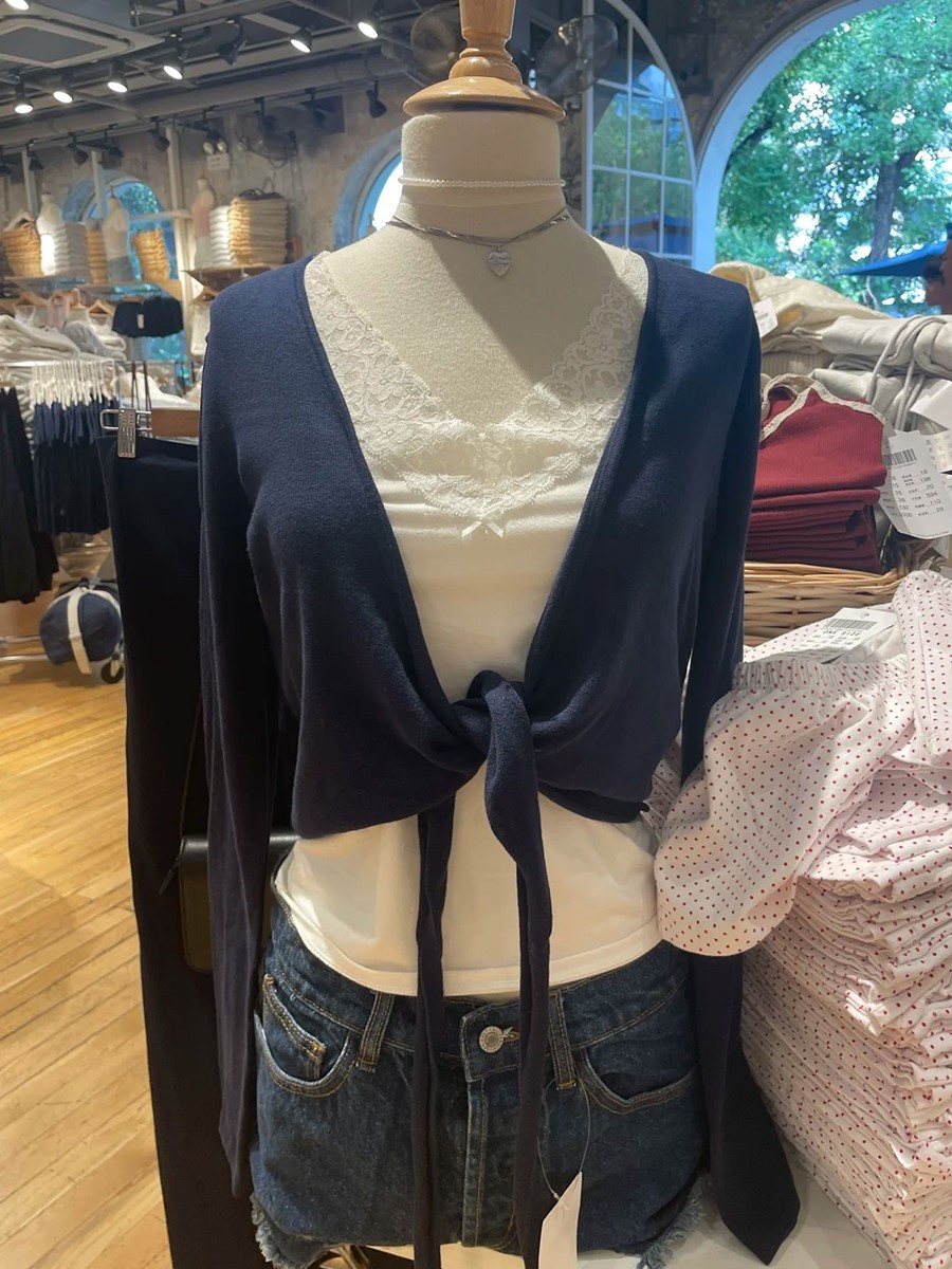 새로운 네이비 레이스업 니트 긴팔 티셔츠 가디건 여성  - Crop Cardigan Vintage 리뷰 및 가격
