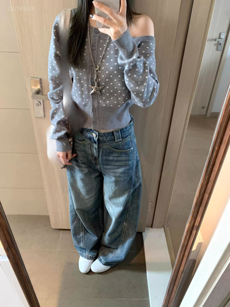 Y2k 에스테틱 스큐 칼라 폴카 도트 가디건 싱글 브레 - Crop Cardigan Vintage 리뷰 및 가격