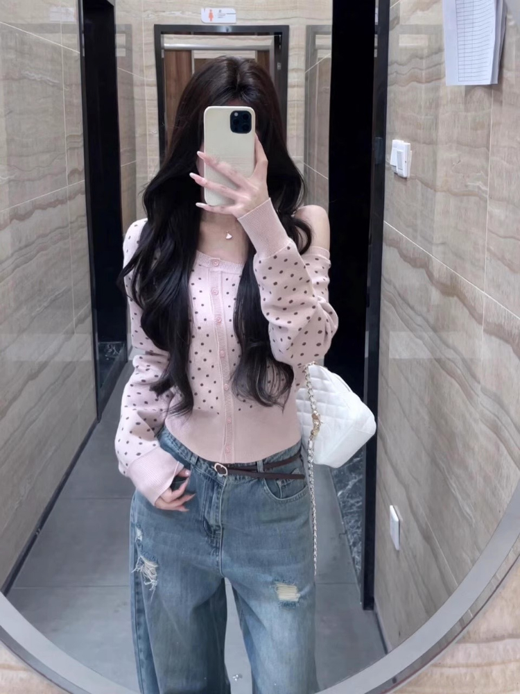 Y2k 에스테틱 스큐 칼라 폴카 도트 가디건 싱글 브레 - Crop Cardigan Vintage 리뷰 및 가격