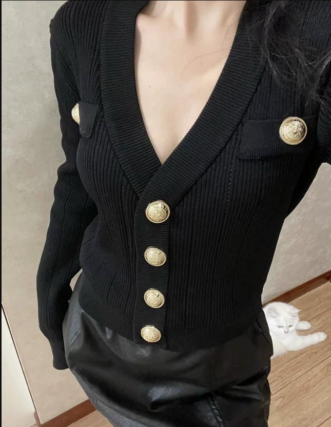 골드 버튼 프론트 니트 카디건 여성 긴 소매 크롭 스웨 - Crop Cardigan Vintage 리뷰 및 가격
