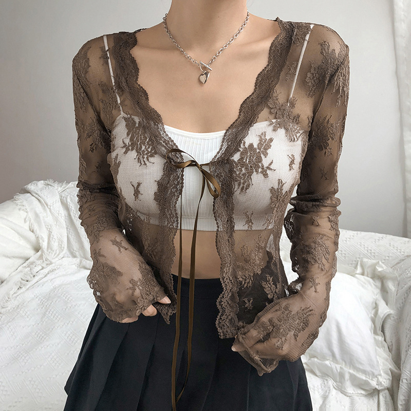 여성 레이스 메쉬 어깨 걸이 카디건 긴 소매 E-gir - Crop Cardigan Vintage 리뷰 및 가격